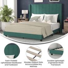 Load image into Gallery viewer, Queen Upholstered Platform Bed with Vertical Stitched Headboard, Emerald Velvet