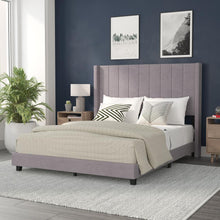 Load image into Gallery viewer, Queen Upholstered Platform Bed with Vertical Stitched Headboard, Gray Velvet