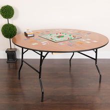 Load image into Gallery viewer, 5-Foot Round Wood Folding Banquet Table with Clear Coated Finished Top