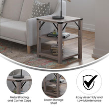 Load image into Gallery viewer, Farmhouse Wooden 3 Tier End Table with Black Metal Corner Accents, Gray Wash