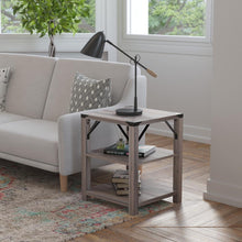 Load image into Gallery viewer, Farmhouse Wooden 3 Tier End Table with Black Metal Corner Accents, Gray Wash