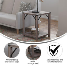 Load image into Gallery viewer, Farmhouse Wooden 2 Tier End Table with Black Metal Corner Accents, Gray Wash