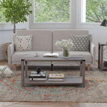 Load image into Gallery viewer, Farmhouse Wooden 2 Tier Coffee Table with Black Metal Corner Accents, Gray Wash