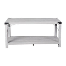 Load image into Gallery viewer, Farmhouse Wooden 2 Tier Coffee Table with Black Metal Corner Accents, Aspen Gray