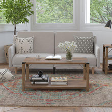 Load image into Gallery viewer, Farmhouse Wooden 2 Tier Coffee Table with Black Metal Corner Accents, Oak