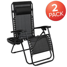 Load image into Gallery viewer, Adjustable Folding Mesh Zero Gravity Reclining Lounge Chair with Pillow and Cup Holder Tray in Black, Set of 2
