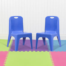 Load image into Gallery viewer, 2 Pack Blue Plastic Stackable School Chair with Carrying Handle and 11" Seat Height