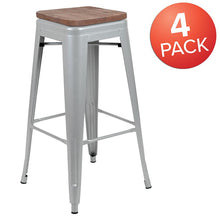 Load image into Gallery viewer, 30" High Metal Indoor Bar Stool with Wood Seat in Silver - Stackable Set of 4