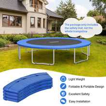 Load image into Gallery viewer, Trampoline with safety mat on grass in front of a house, with text about product features.