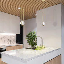 Load image into Gallery viewer, Integrated LED Height Adjustable Pendant Light in Antique Brass with Glass Shade