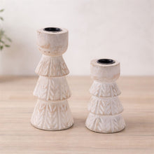 Load image into Gallery viewer, White Washed Wood Taper Candle Holder (Set of 2)