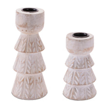 Load image into Gallery viewer, White Washed Wood Taper Candle Holder (Set of 2)