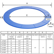 Load image into Gallery viewer, Measurement chart for a trampoline with labeled dimensions and specifications.