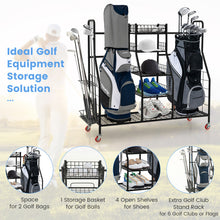 Load image into Gallery viewer, Double Golf Bag Rack with Removable Golf Club Stand and Wheels-Black