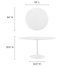Load image into Gallery viewer, White round table with dimensions labeled on a white background