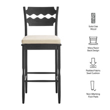 Load image into Gallery viewer, Jax Oak Wood Bar Stool With Wavy Razor Back and Cushion by Modway