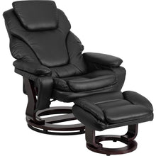 Load image into Gallery viewer, Recliner and Ottoman with Swivel Mahogany Wood Base in Black LeatherSoft