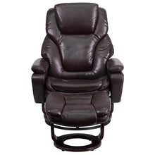 Load image into Gallery viewer, Recliner and Ottoman with Swivel Mahogany Wood Base in Brown LeatherSoft