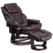 Load image into Gallery viewer, Recliner and Ottoman with Swivel Mahogany Wood Base in Brown LeatherSoft