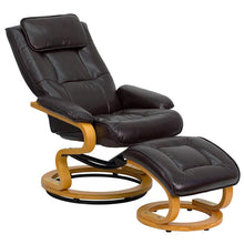 Load image into Gallery viewer, Adjustable Recliner and Ottoman with Swivel Maple Wood Base in Brown LeatherSoft