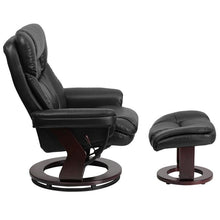 Load image into Gallery viewer, Recliner and Curved Ottoman with Swivel Mahogany Wood Base in Black LeatherSoft