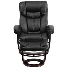 Load image into Gallery viewer, Recliner and Curved Ottoman with Swivel Mahogany Wood Base in Black LeatherSoft