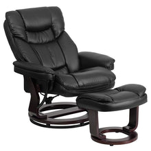 Load image into Gallery viewer, Recliner and Curved Ottoman with Swivel Mahogany Wood Base in Black LeatherSoft