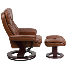 Load image into Gallery viewer, Recliner and Ottoman with Swivel Mahogany Wood Base in Brown Vintage LeatherSoft