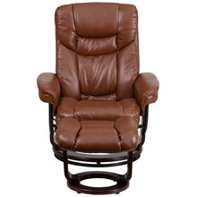 Load image into Gallery viewer, Recliner and Ottoman with Swivel Mahogany Wood Base in Brown Vintage LeatherSoft
