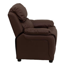 Load image into Gallery viewer, Deluxe Padded Contemporary Brown LeatherSoft Kids Recliner with Storage Arms