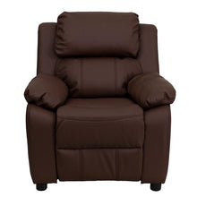 Load image into Gallery viewer, Deluxe Padded Contemporary Brown LeatherSoft Kids Recliner with Storage Arms
