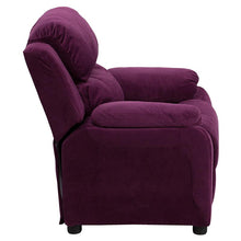 Load image into Gallery viewer, Deluxe Padded Contemporary Purple Microfiber Kids Recliner with Storage Arms