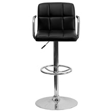 Load image into Gallery viewer, Black Quilted Vinyl Adjustable Height Barstool with Arms and Chrome Base