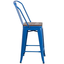 Load image into Gallery viewer, 24" High Blue Metal Counter Height Stool with Back and Wood Seat