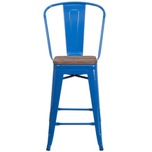 Load image into Gallery viewer, 24" High Blue Metal Counter Height Stool with Back and Wood Seat