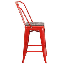 Load image into Gallery viewer, 24" High Red Metal Counter Height Stool with Back and Wood Seat