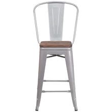Load image into Gallery viewer, 24" High Silver Metal Counter Height Stool with Back and Wood Seat