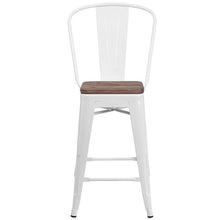 Load image into Gallery viewer, 24" High White Metal Counter Height Stool with Back and Wood Seat