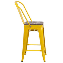 Load image into Gallery viewer, 24" High Yellow Metal Counter Height Stool with Back and Wood Seat