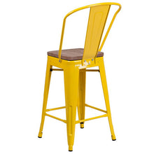 Load image into Gallery viewer, 24" High Yellow Metal Counter Height Stool with Back and Wood Seat