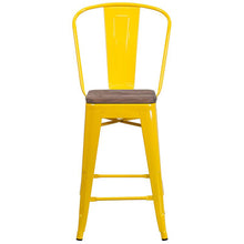 Load image into Gallery viewer, 24" High Yellow Metal Counter Height Stool with Back and Wood Seat