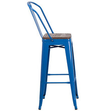 Load image into Gallery viewer, 30" High Blue Metal Barstool with Back and Wood Seat