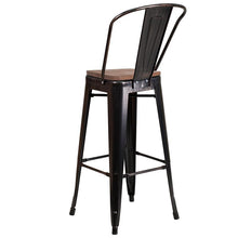 Load image into Gallery viewer, 30" High Black-Antique Gold Metal Barstool with Back and Wood Seat