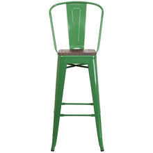 Load image into Gallery viewer, 30" High Green Metal Barstool with Back and Wood Seat