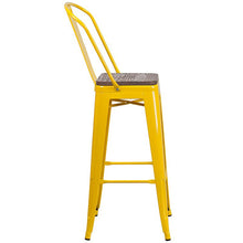 Load image into Gallery viewer, 30" High Yellow Metal Barstool with Back and Wood Seat