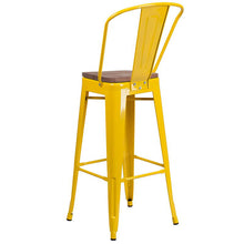 Load image into Gallery viewer, 30" High Yellow Metal Barstool with Back and Wood Seat