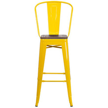 Load image into Gallery viewer, 30" High Yellow Metal Barstool with Back and Wood Seat