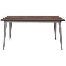 Load image into Gallery viewer, 30.25" x 60" Rectangular Silver Metal Indoor Table with Walnut Rustic Wood Top