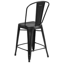 Load image into Gallery viewer, 24" High Distressed Black Metal Indoor-Outdoor Counter Height Stool with Back