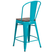 Load image into Gallery viewer, 24" High Crystal Teal-Blue Metal Counter Height Stool with Back and Wood Seat